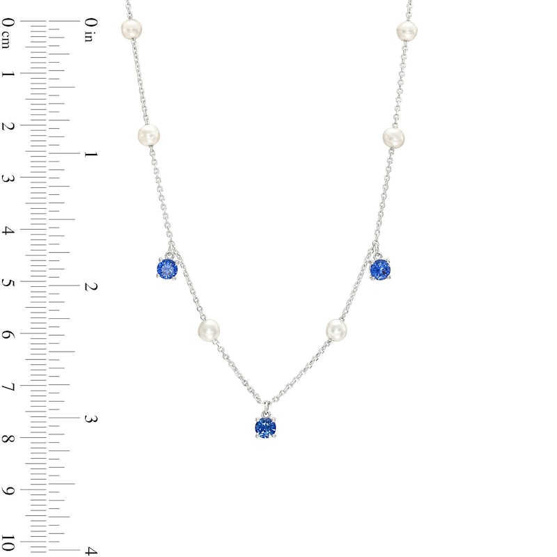 Freshwater Cultured Pearl and Blue Lab-Created Sapphire Dangle Station Necklace in Sterling Silver