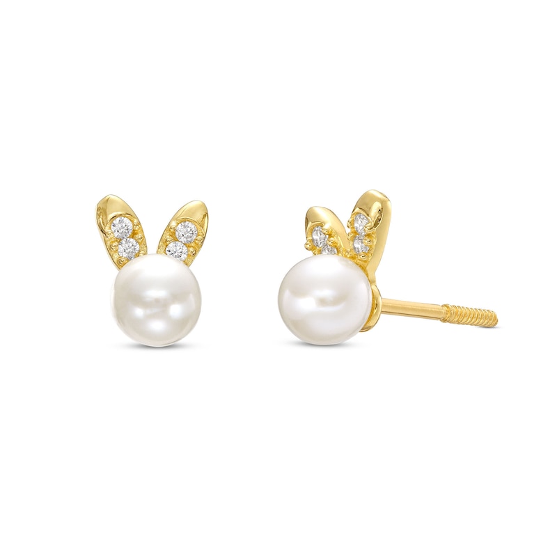 Child's 4.0mm Cultured Freshwater Pearl and Cubic Zirconia Bunny Ear Stud Earrings in 14K Gold|Peoples Jewellers