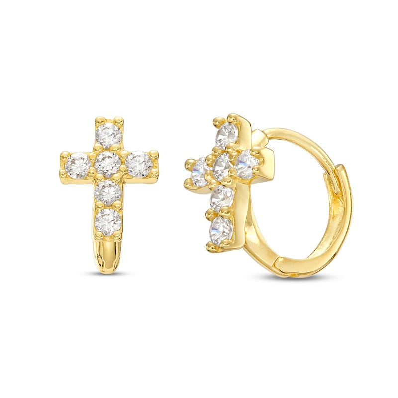 Child's Cubic Zirconia Cross Huggie Hoop Earrings in 14K Gold|Peoples Jewellers