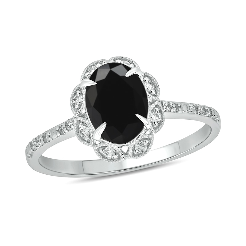 Oval Black Sapphire and 0.145 CT. T.W. Diamond Scallop Frame Ring in 10K White Gold