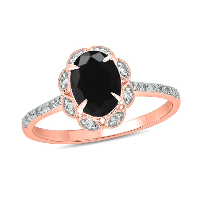 Oval Black Sapphire and 0.145 CT. T.W. Diamond Scallop Frame Ring in 10K Rose Gold