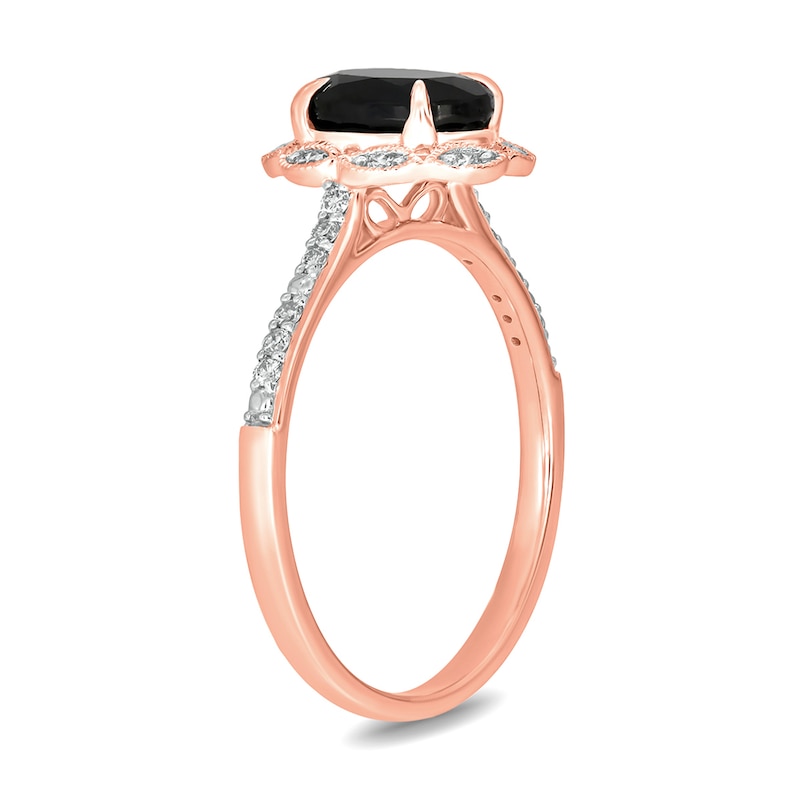 Oval Black Sapphire and 0.145 CT. T.W. Diamond Scallop Frame Ring in 10K Rose Gold