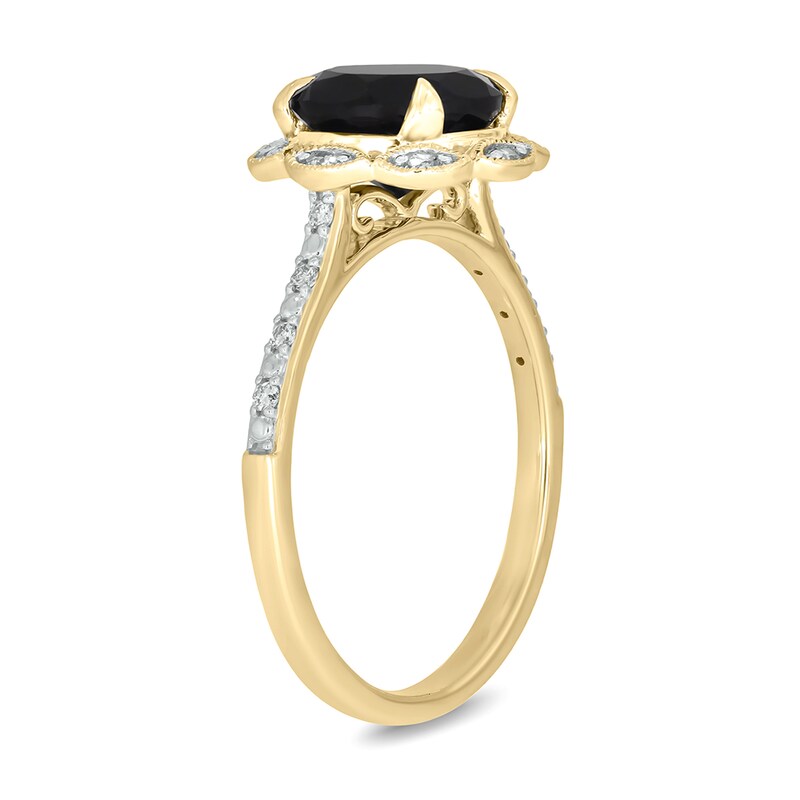 Black Sapphire and 0.145 CT. T.W. Diamond Scallop Frame Ring in 10K Gold