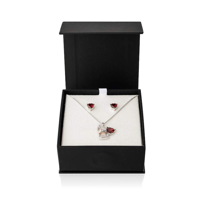 Disney Treasures Winnie the Pooh Heart-Shaped Garnet Stud Earrings and Pendant Set in Sterling Silver and 10K Rose Gold|Peoples Jewellers