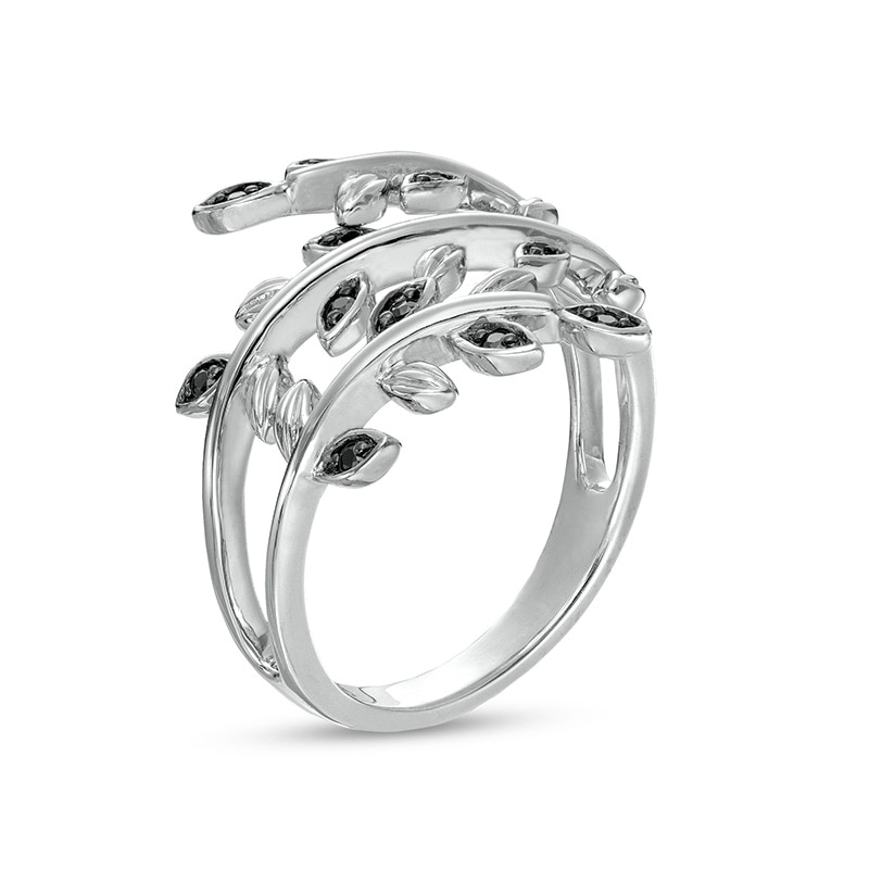 Previously Owned - 0.10 CT. T.W. Black Diamond Leaf Wrap Ring in Sterling Silver