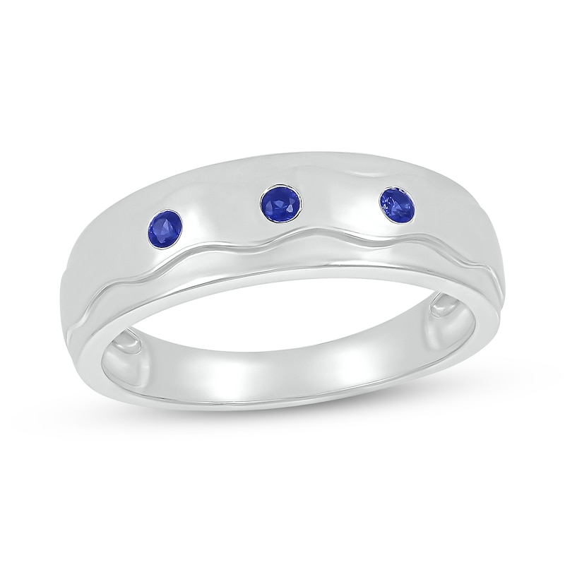 Men's Blue Lab-Created Sapphire Raised Wavy Three Stone Ring in 10K White Gold
