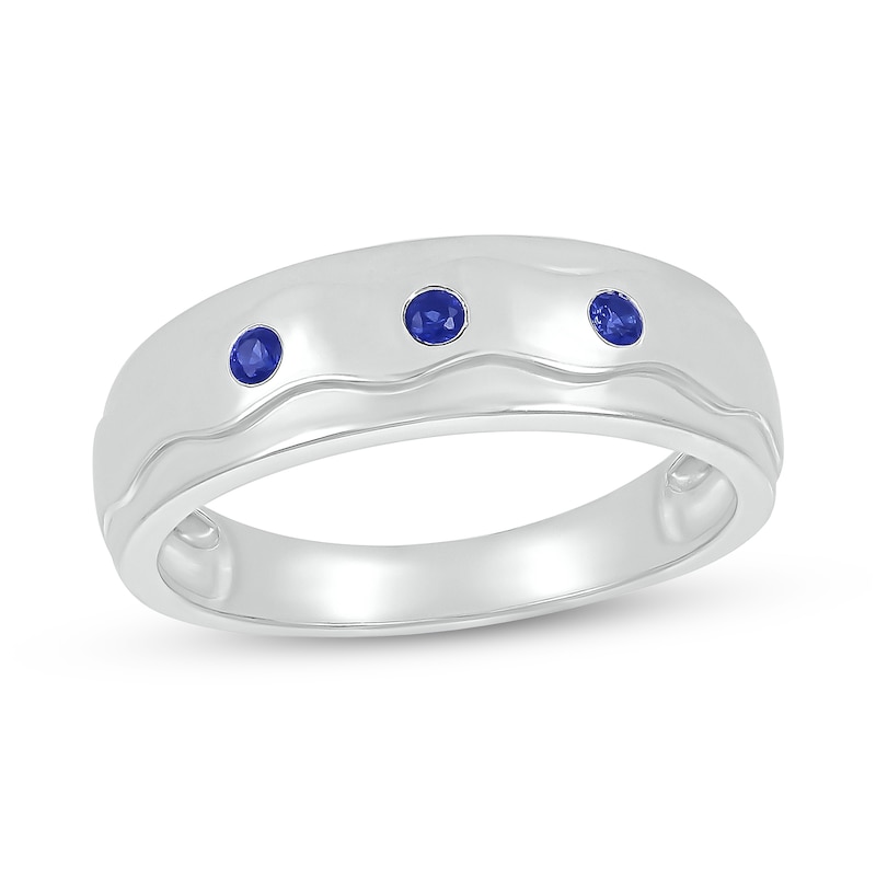 Men's Blue Lab-Created Sapphire Raised Wavy Three Stone Ring in 10K White Gold|Peoples Jewellers