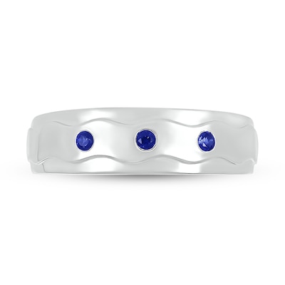 Men's Blue Lab-Created Sapphire Raised Wavy Three Stone Ring in 10K White Gold