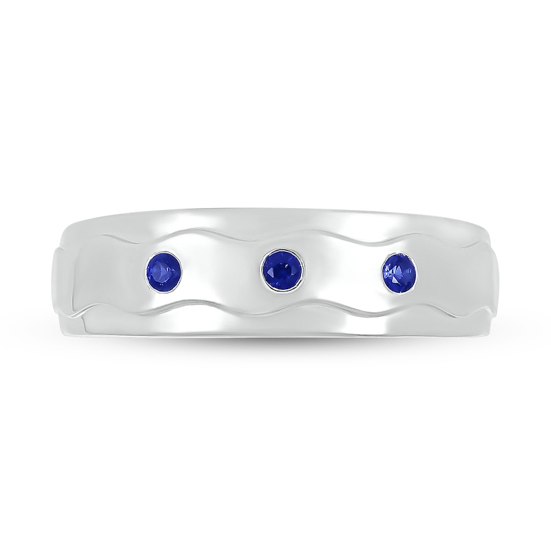 Men's Blue Lab-Created Sapphire Raised Wavy Three Stone Ring in 10K White Gold