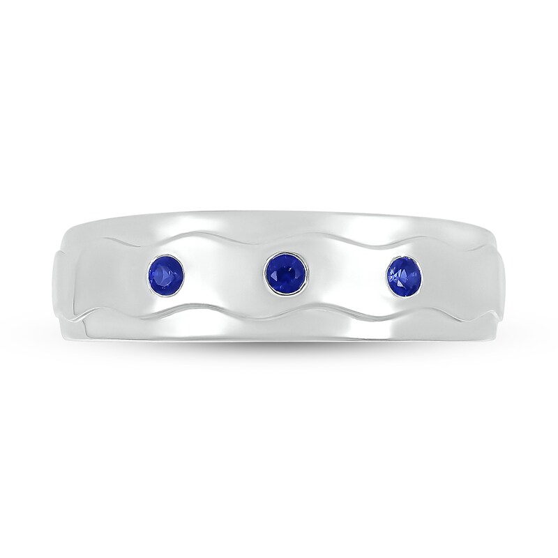 Men's Blue Lab-Created Sapphire Raised Wavy Three Stone Ring in 10K White Gold