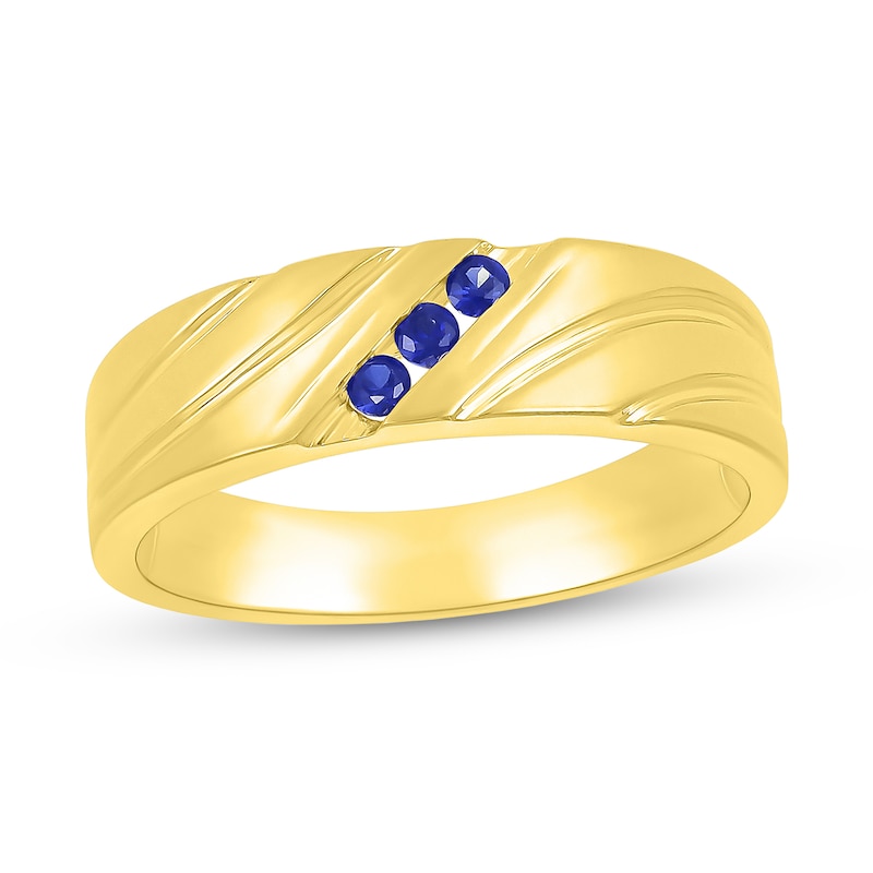 Men's Blue Lab-Created Sapphire Three Stone Textured Swirl Ring in 10K Gold|Peoples Jewellers