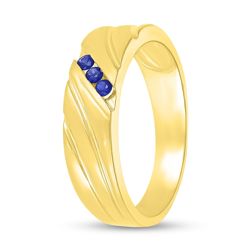 Main Image 2 of Men's Blue Lab-Created Sapphire Three Stone Textured Swirl Ring in 10K Gold