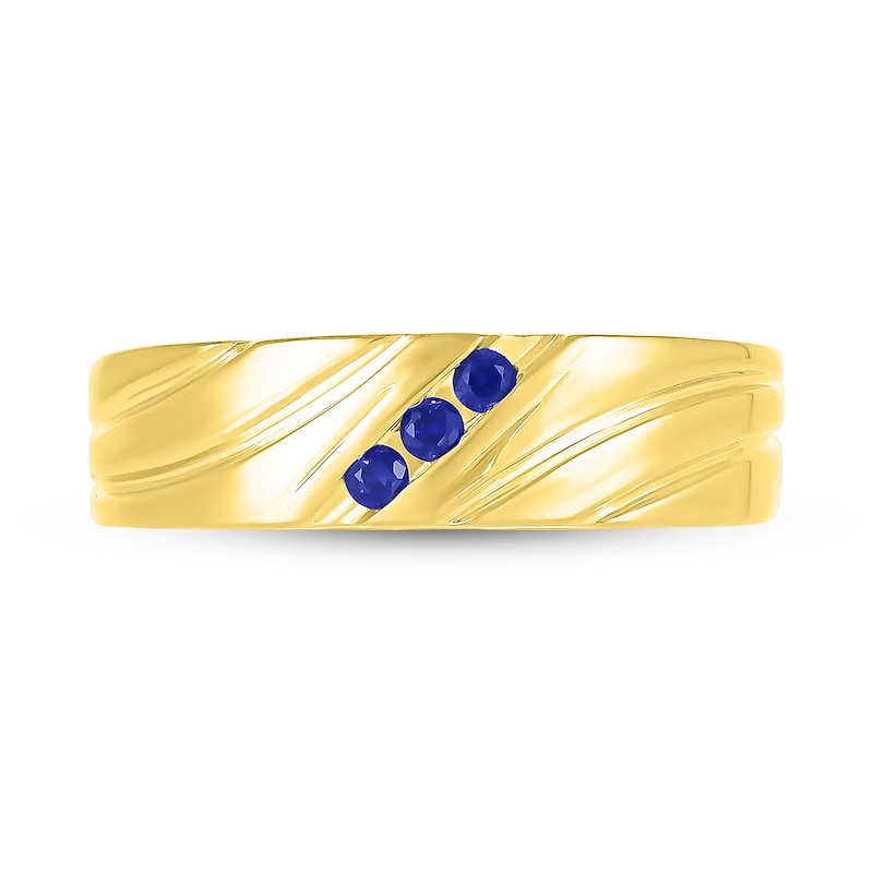 Men's Blue Lab-Created Sapphire Three Stone Textured Swirl Ring in 10K Gold