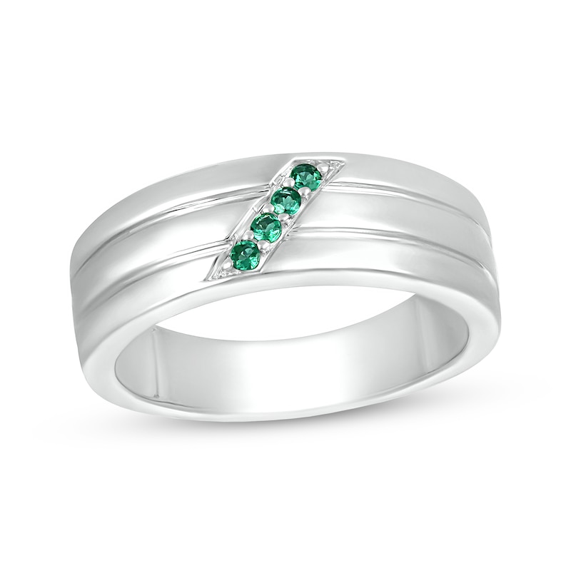 Main Image 1 of Men's Lab-Created Emerald Slant Multi-Row Ring in 10K White Gold