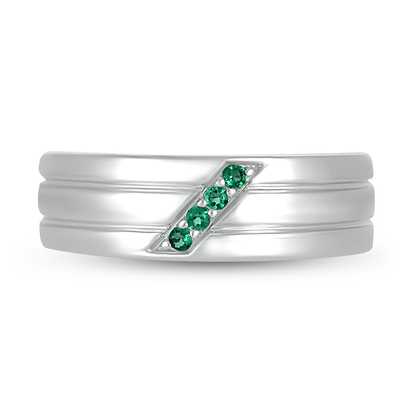 Main Image 3 of Men's Lab-Created Emerald Slant Multi-Row Ring in 10K White Gold