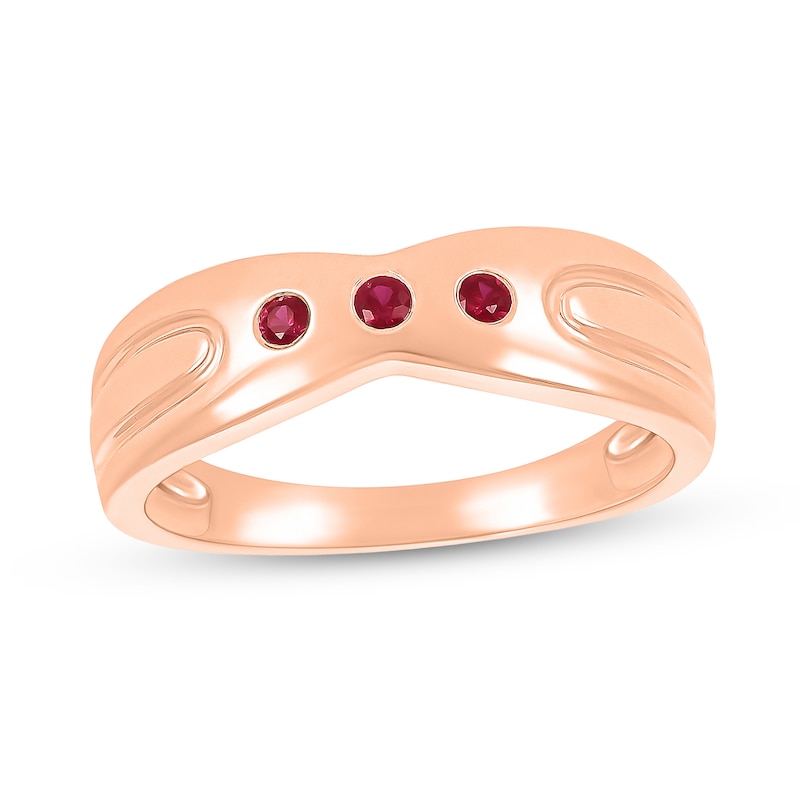 Men's Lab-Created Ruby Three Stone Concave Ring in 10K Rose Gold