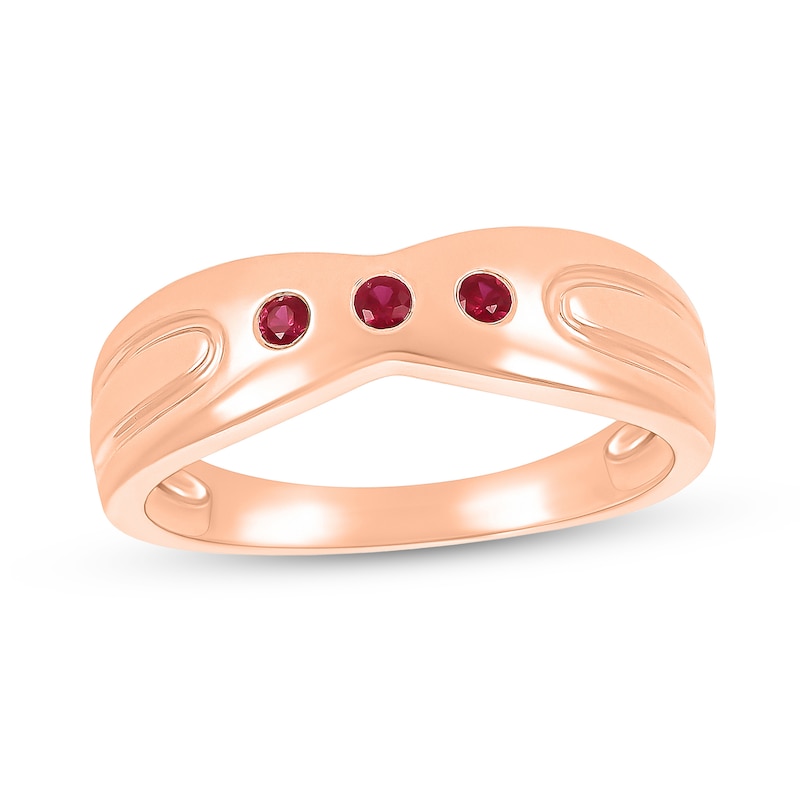 Main Image 1 of Men's Lab-Created Ruby Three Stone Concave Ring in 10K Rose Gold