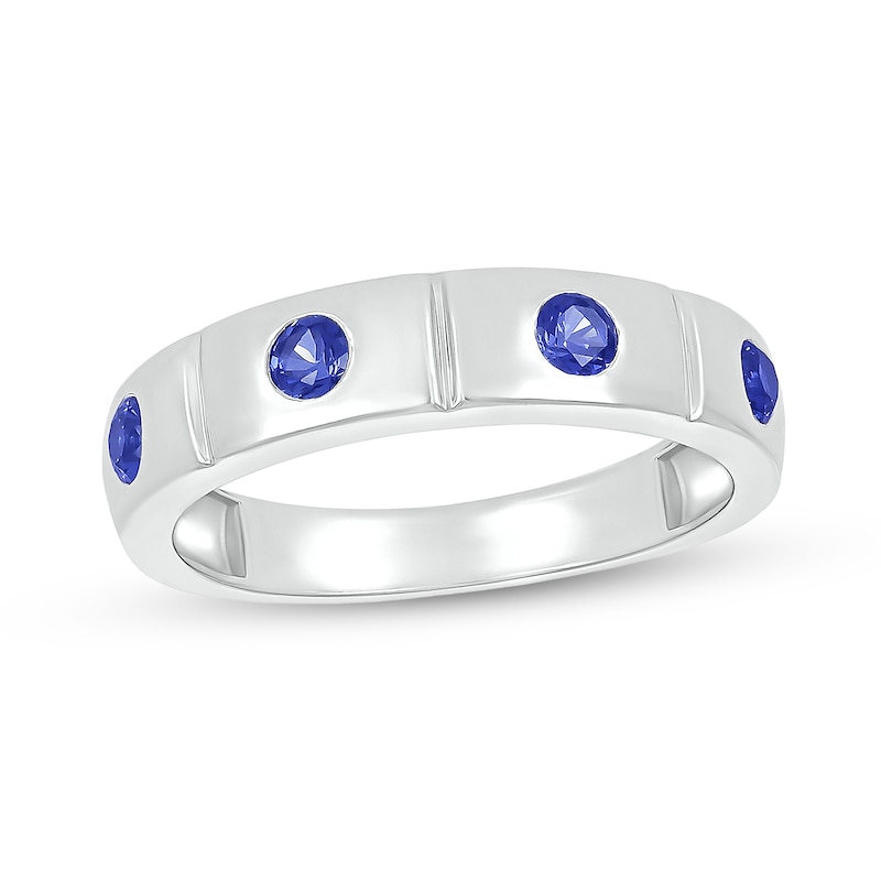 Men's Blue Lab-Created Sapphire Station Ring in 10K White Gold