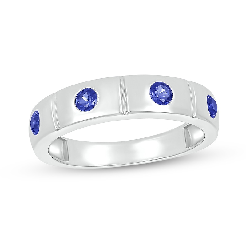 Men's Blue Lab-Created Sapphire Station Ring in 10K White Gold|Peoples Jewellers