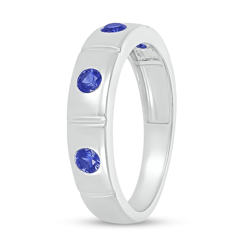 Men's Blue Lab-Created Sapphire Station Ring in 10K White Gold