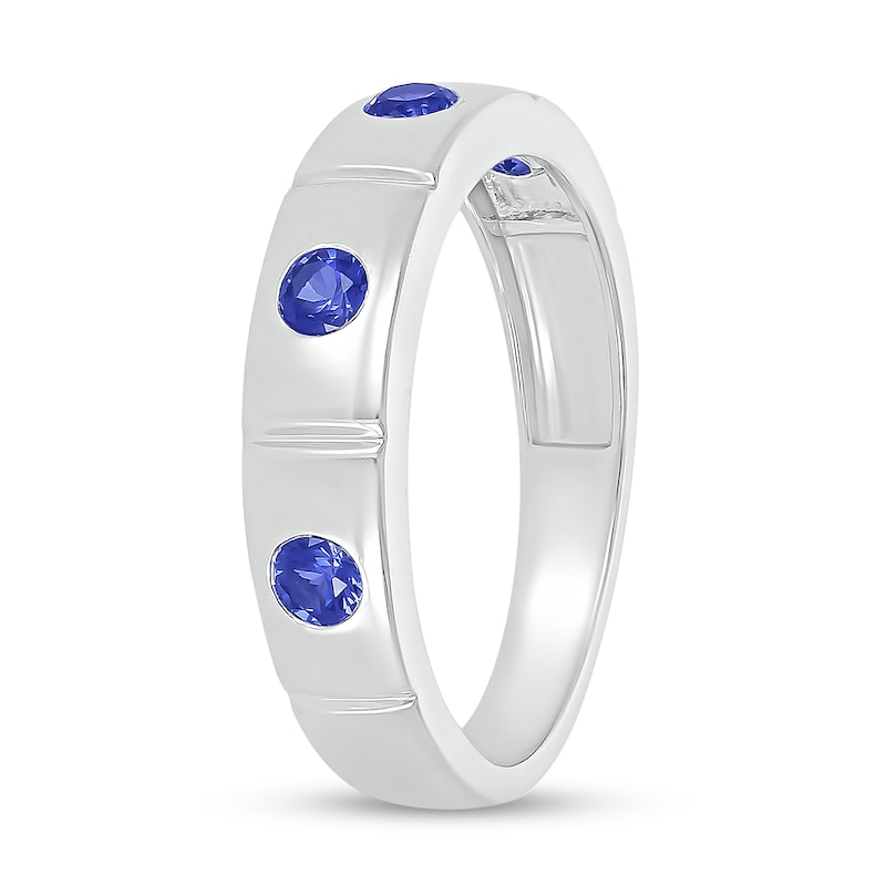 Main Image 2 of Men's Blue Lab-Created Sapphire Station Ring in 10K White Gold
