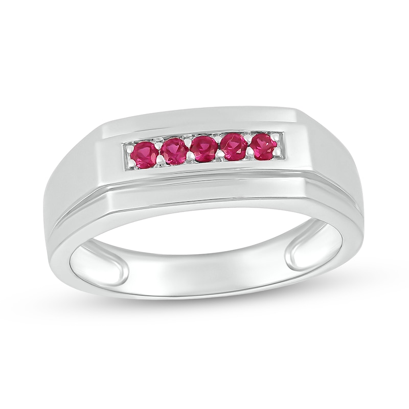Men's Lab-Created Ruby Raised Five Stone Ring in 10K White Gold