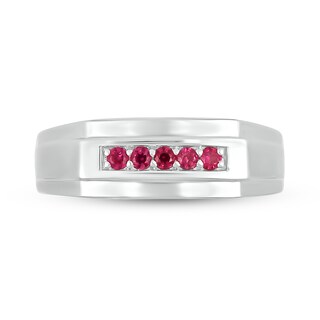 Men's Lab-Created Ruby Raised Five Stone Ring in 10K White Gold