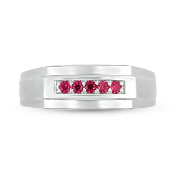 Men's Lab-Created Ruby Raised Five Stone Ring in 10K White Gold
