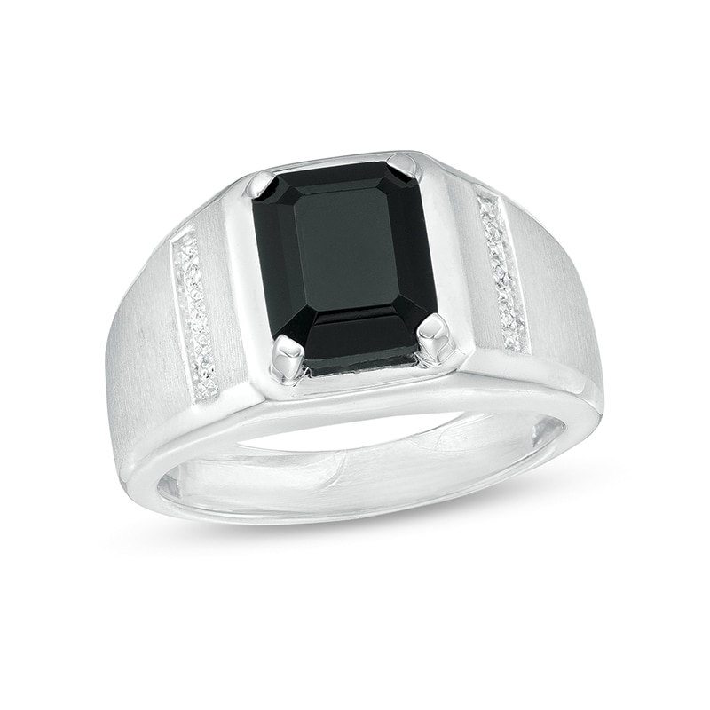 Previously Owned Emerald-Cut Faceted Onyx and Diamond Accent Ring in Sterling Silver