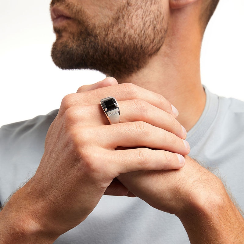 Previously Owned Emerald-Cut Faceted Onyx and Diamond Accent Ring in Sterling Silver