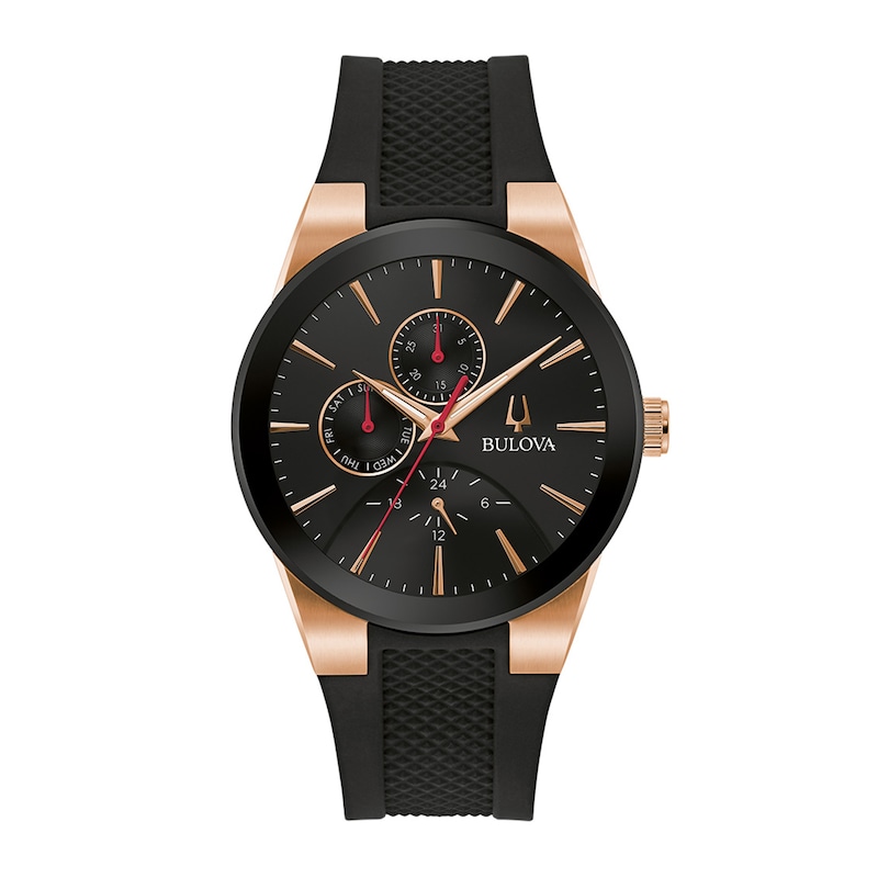 Men's Bulova Millennia Black IP and Rose-Tone Strap Watch with Black Dial (Model: 97C112)