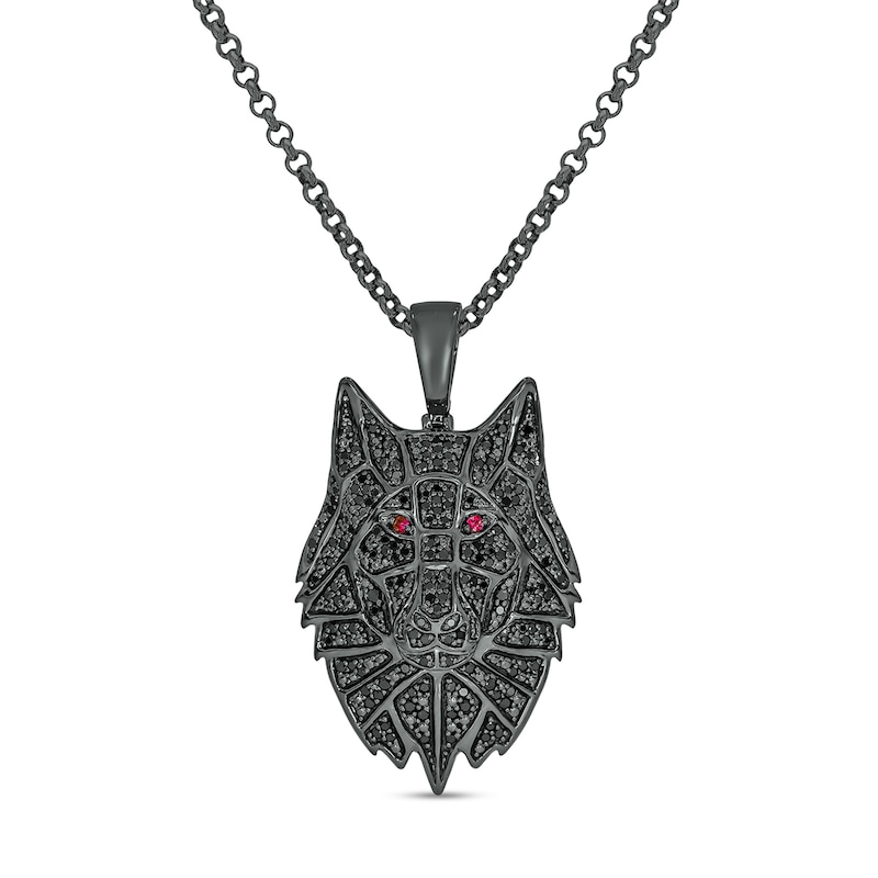 Main Image 1 of Men's 0.95 CT. T.W. Black Diamond and Lab-Created Ruby Wolf's Head Pendant in Sterling Silver with Black Rhodium