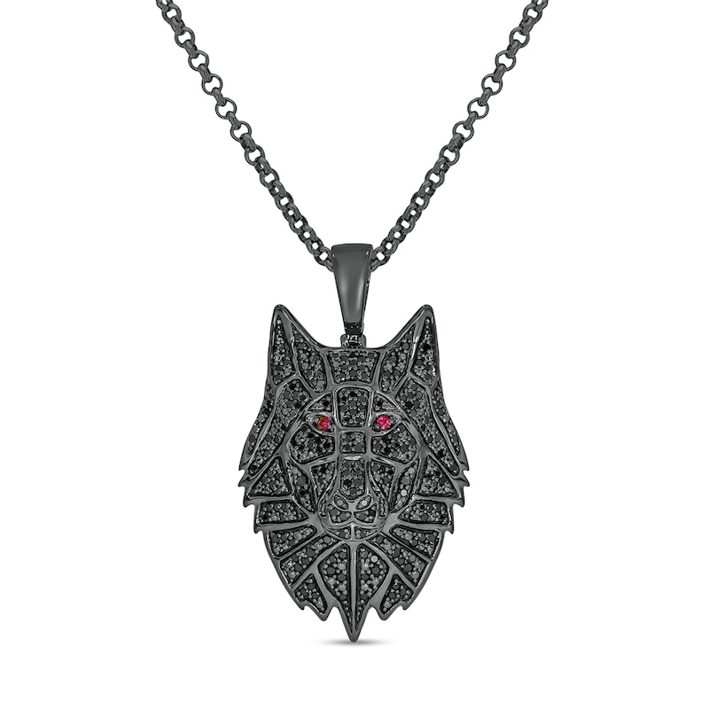 Men's 0.95 CT. T.W. Black Diamond and Lab-Created Ruby Wolf's Head Pendant in Sterling Silver with Black Rhodium|Peoples Jewellers