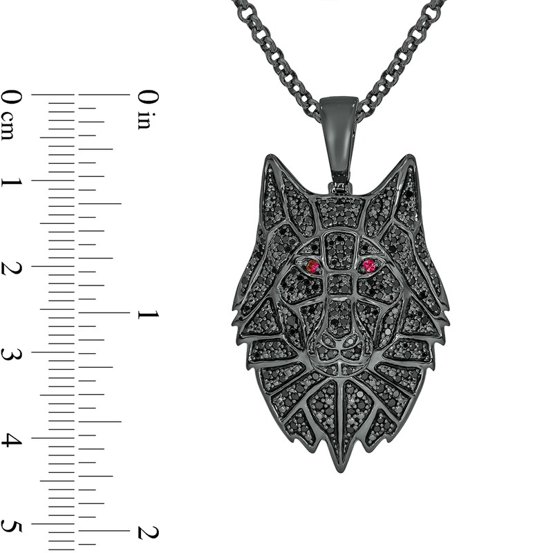 Main Image 2 of Men's 0.95 CT. T.W. Black Diamond and Lab-Created Ruby Wolf's Head Pendant in Sterling Silver with Black Rhodium