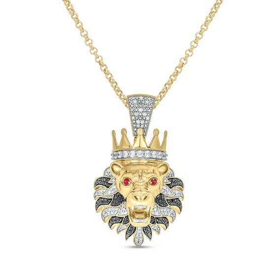 Men's 0.96 CT. T.W. Diamond and Lab-Created Ruby Lion's Head with Crown Pendant in Sterling Silver with 14K Gold Plate