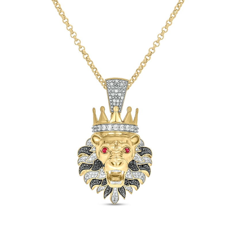 Men's 0.96 CT. T.W. Diamond and Lab-Created Ruby Lion's Head with Crown Pendant in Sterling Silver with 14K Gold Plate|Peoples Jewellers