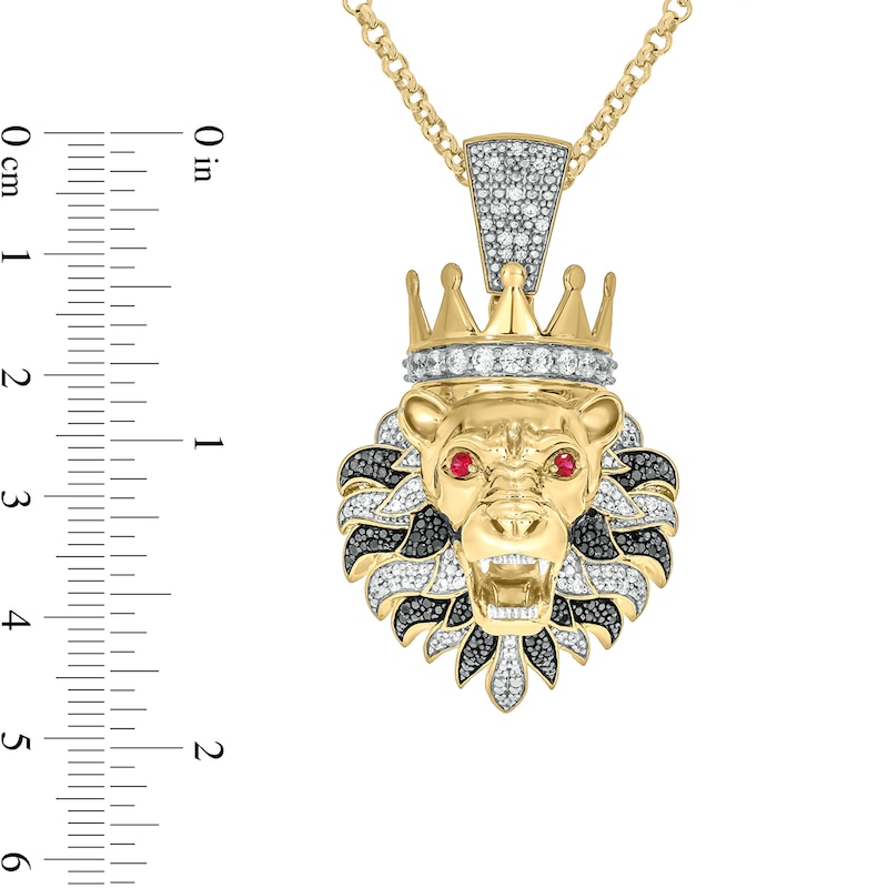 Main Image 2 of Men's 0.96 CT. T.W. Diamond and Lab-Created Ruby Lion's Head with Crown Pendant in Sterling Silver with 14K Gold Plate