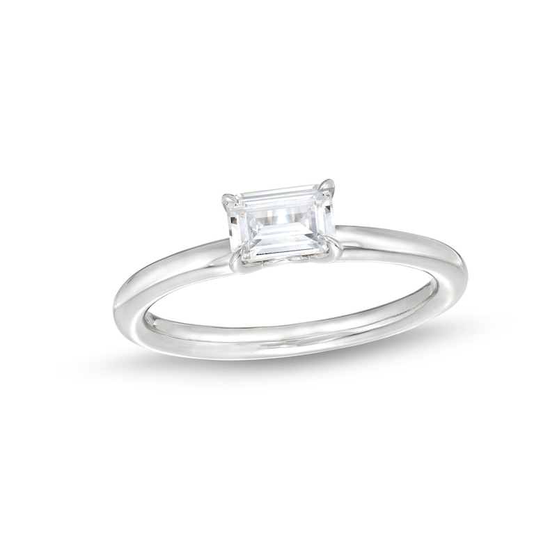 Main Image 1 of 0.48 CT. Emerald-Cut Diamond Sideways Solitaire Ring in 14K White Gold (I/I2)