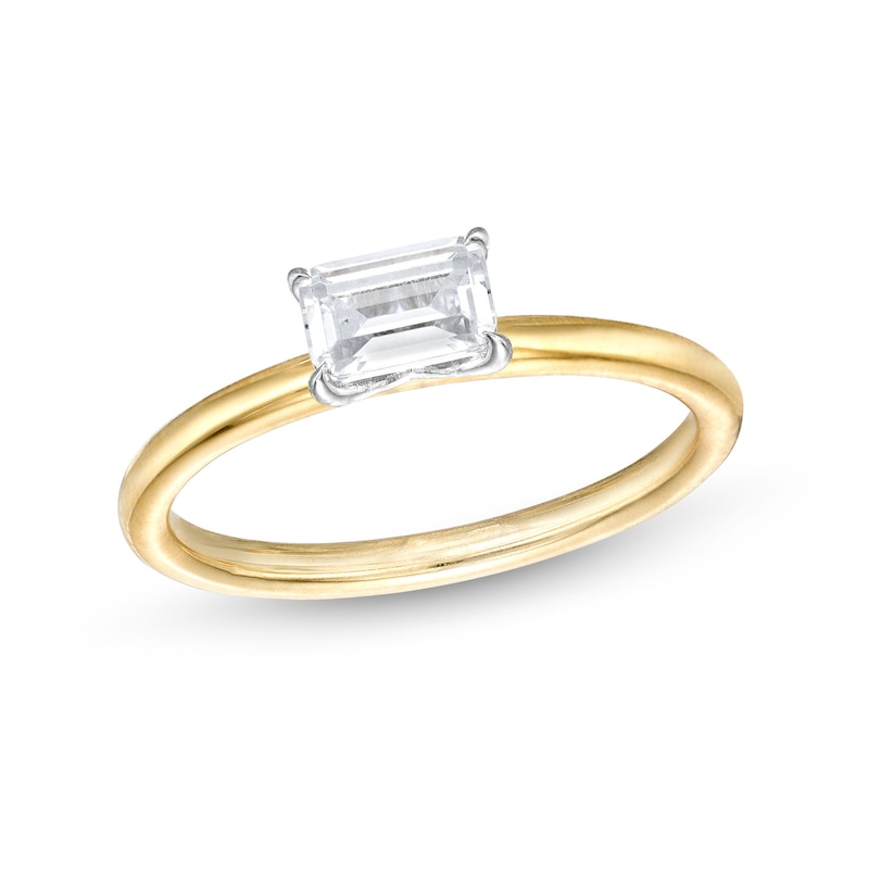 Main Image 1 of 0.48 CT. Emerald-Cut Diamond Sideways Solitaire Ring in 14K Two-Tone Gold (I/I2)