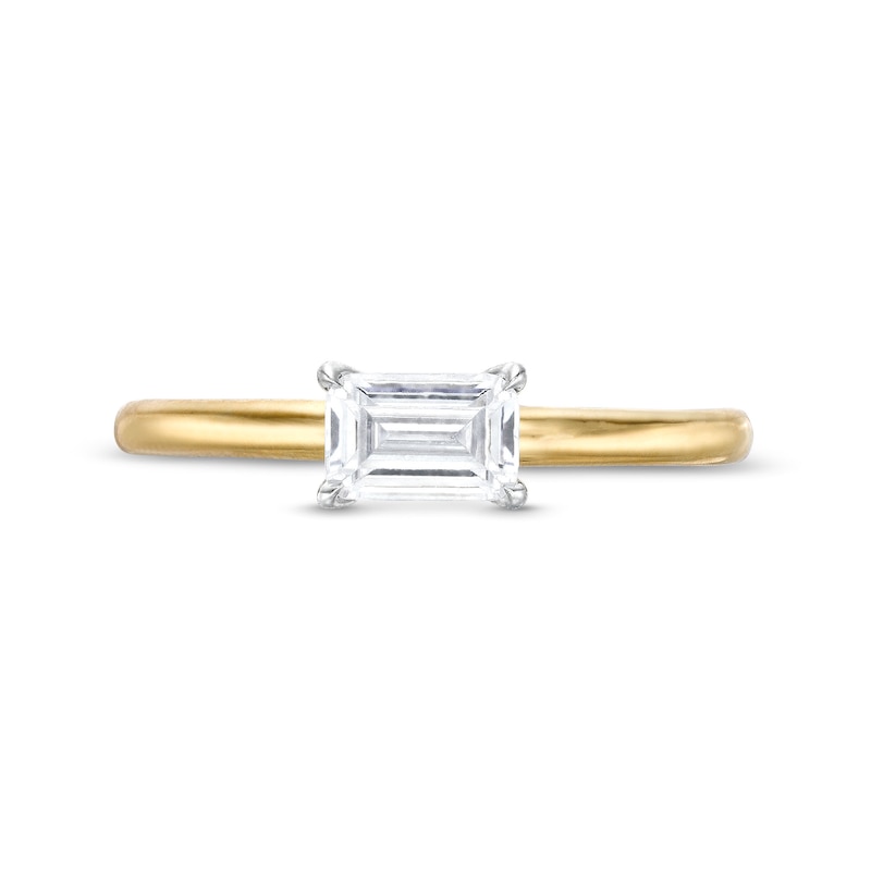 Main Image 4 of 0.48 CT. Emerald-Cut Diamond Sideways Solitaire Ring in 14K Two-Tone Gold (I/I2)