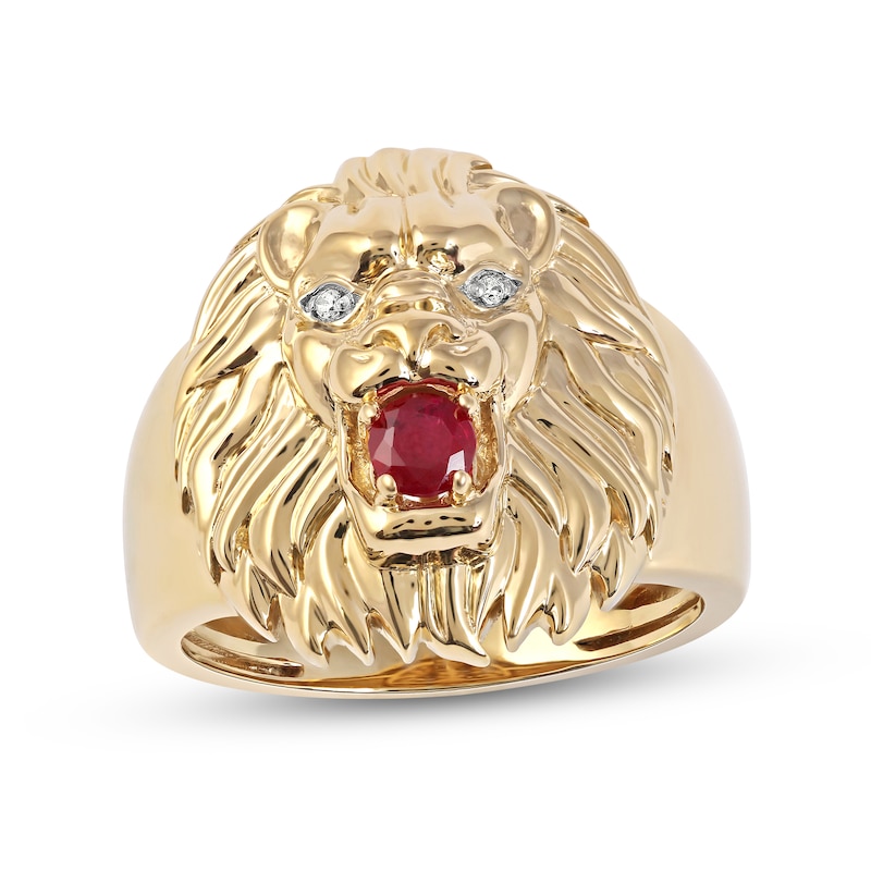 Men's Lab-Created Ruby and Diamond Accent Lion's Head Ring in 10K Gold|Peoples Jewellers