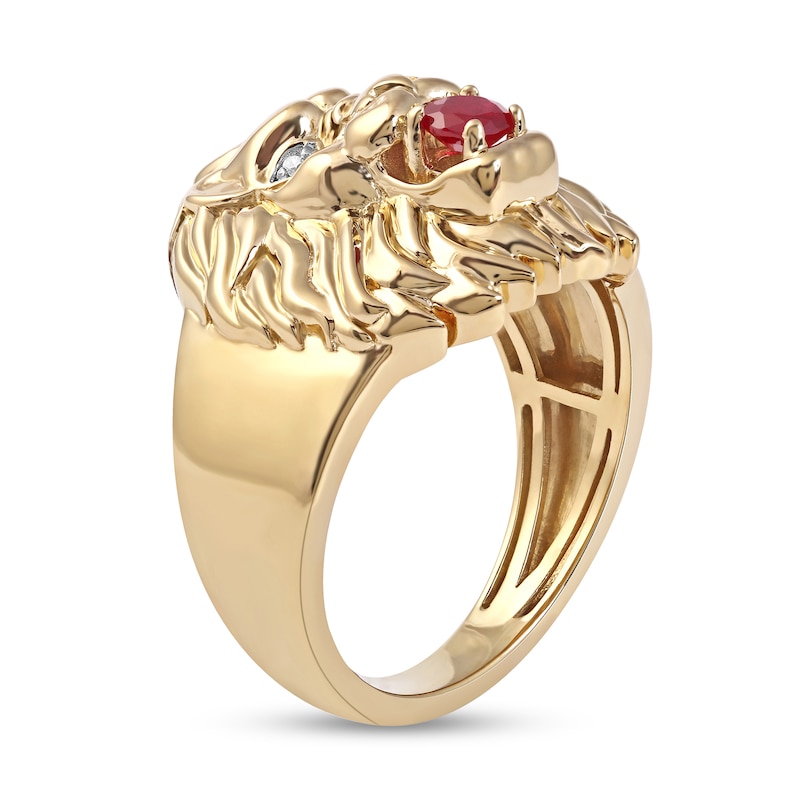 Men's Lab-Created Ruby and Diamond Accent Lion's Head Ring in 10K Gold|Peoples Jewellers