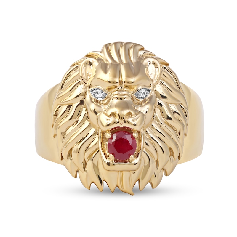 Men's Lab-Created Ruby and Diamond Accent Lion's Head Ring in 10K Gold|Peoples Jewellers