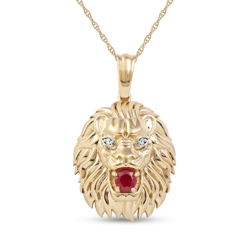Main Image 1 of Men's Lab-Created Ruby and Diamond Accent Lion's Head Pendant in 10K Gold - 22"