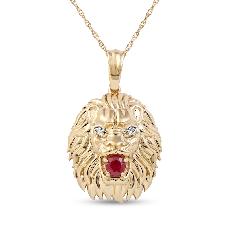 Men's Lab-Created Ruby and Diamond Accent Lion's Head Pendant in 10K Gold - 22"|Peoples Jewellers