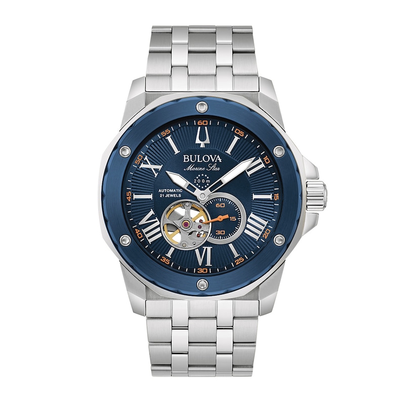 Men's Bulova Marine Star Automatic Watch with Textured Blue Dial (Model: 98A302)|Peoples Jewellers