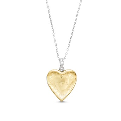 Filigree with "mom" 20.0mm Heart-Shaped Locket in Sterling Silver and 10K Gold