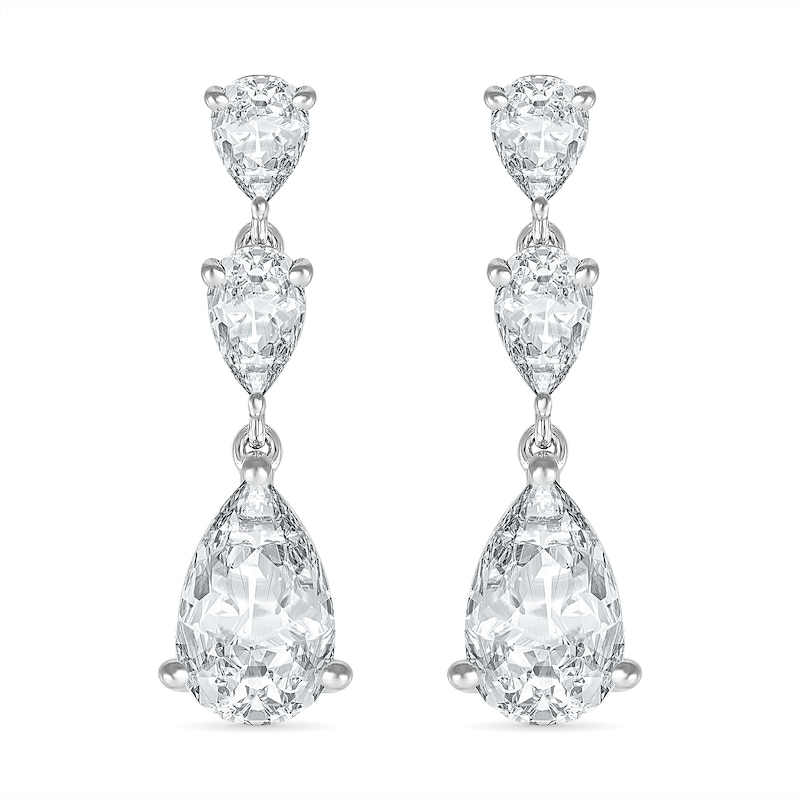 Pear-Shaped White Lab-Created Sapphire Three Stone Dangle Drop Earrings in Sterling Silver