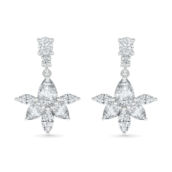 Multi-Shaped White Lab-Created Sapphire Flower Drop Earrings in Sterling Silver