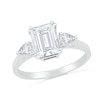 Thumbnail Image 0 of Emerald-Cut and Pear-Shaped White Lab-Created Sapphire Three Stone Ring in Sterling Silver